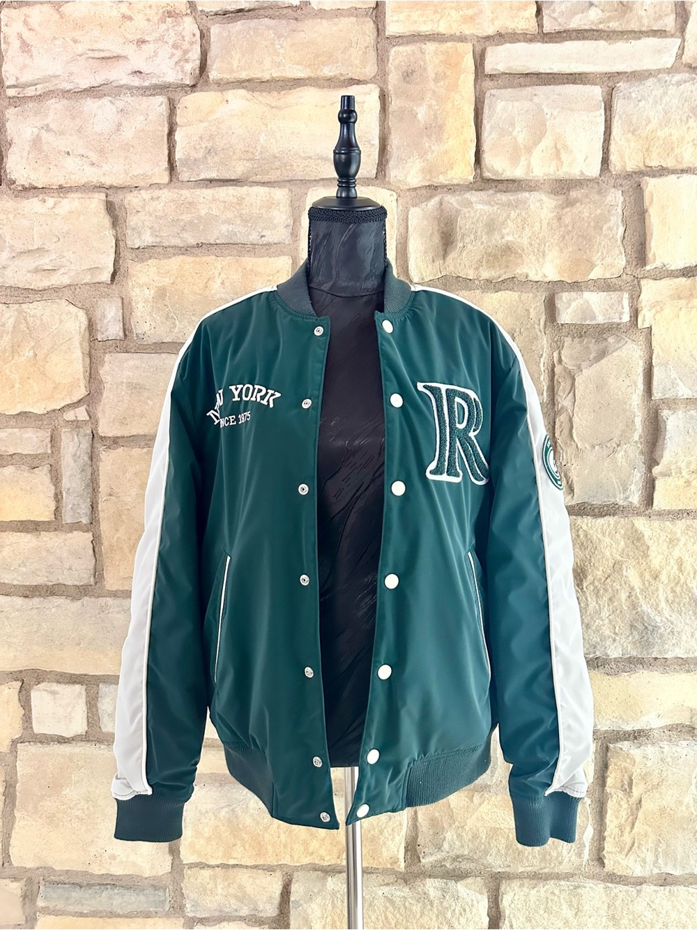 Zara Green and White Varsity Bomber Jacket
